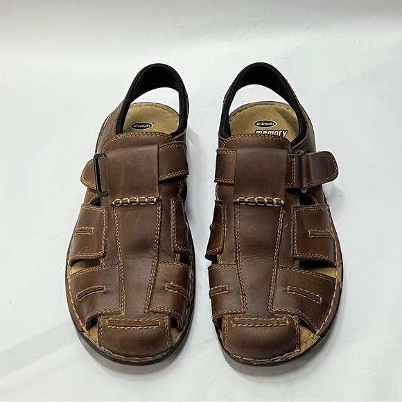 DR SCHOLLS Men’s Size 11M Memory Fit Brown Leather hook and loop Sandals